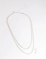 Silver Diamante Layered Necklace & Earrings Set