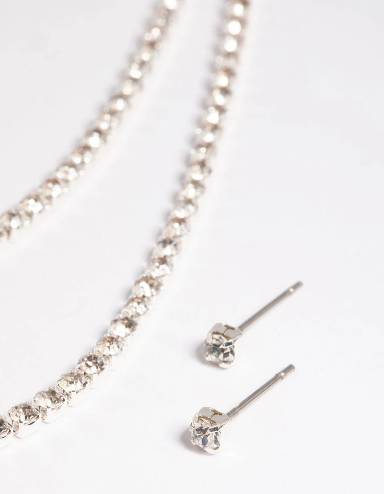 Silver Diamante Layered Necklace & Earrings Set