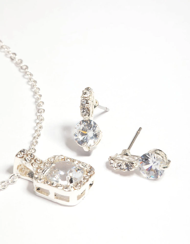 Silver Diamante Cushion Cut Necklace & Earrings Set