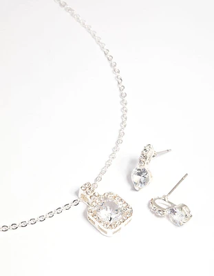 Silver Diamante Cushion Cut Necklace & Earrings Set