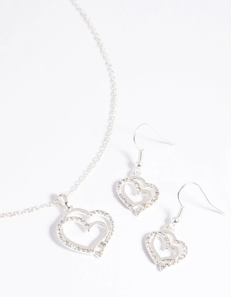 Silver Diamante Heart Necklace & Earrings Set