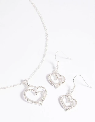 Silver Diamante Heart Necklace & Earrings Set