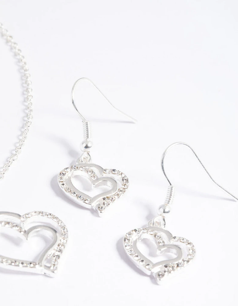 Silver Diamante Heart Necklace & Earrings Set