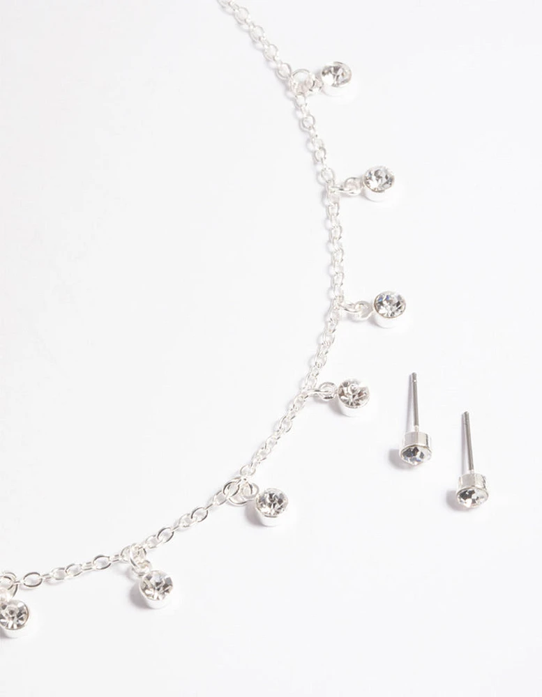 Silver Diamante Droplets Necklace & Earrings Set