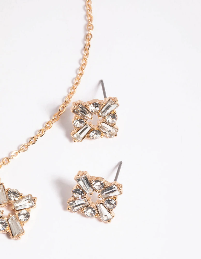 Gold Square Diamante Necklace & Earrings Set