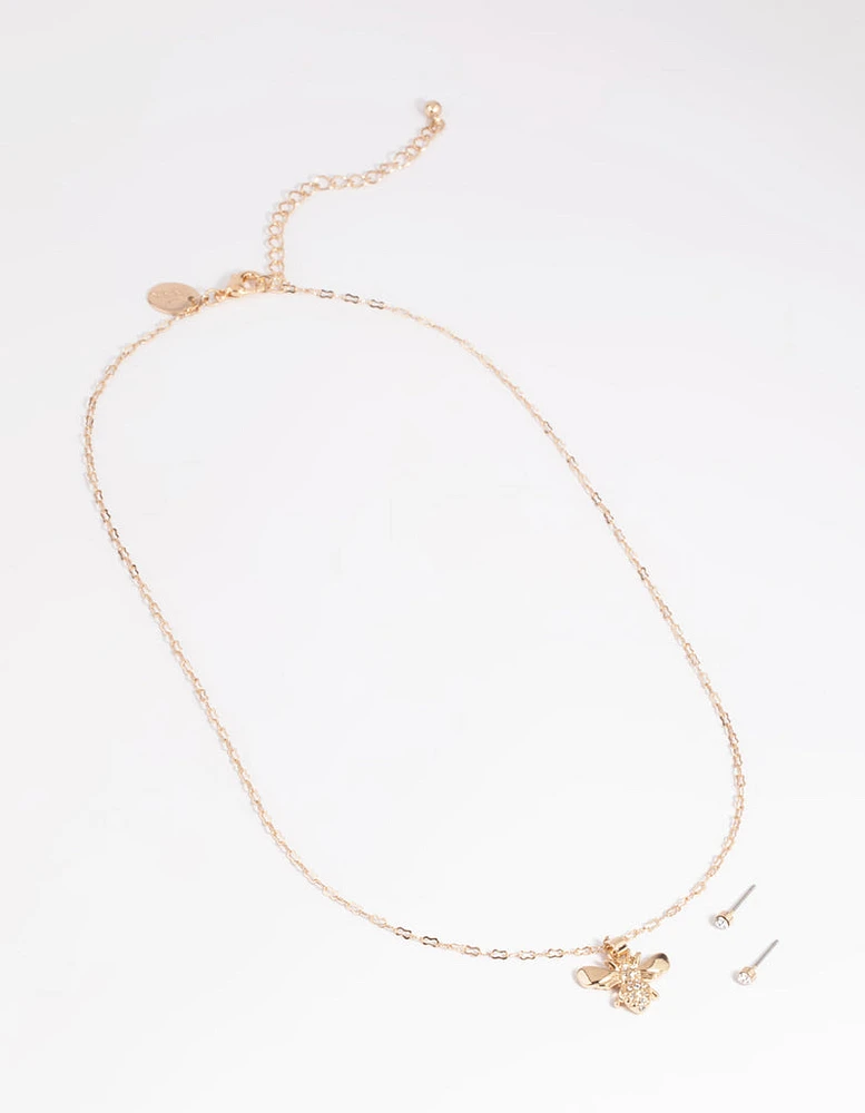 Gold Diamante Bee Necklace & Earrings Set