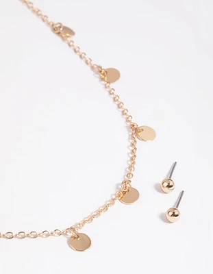 Gold Disc Droplet Necklace & Earrings Set