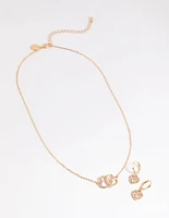 Gold Interlocked Heart Necklace & Earrings Set
