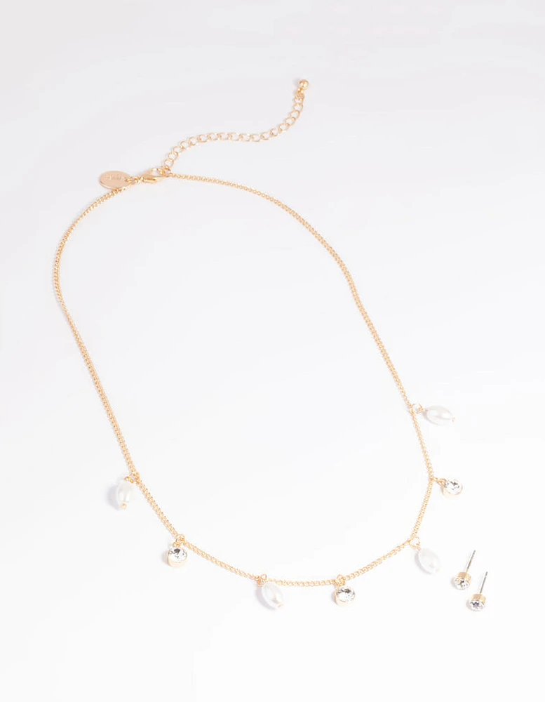 Gold Pearl Diamante Droplet Necklace & Earrings Set