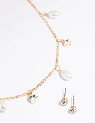 Gold Pearl Diamante Droplet Necklace & Earrings Set