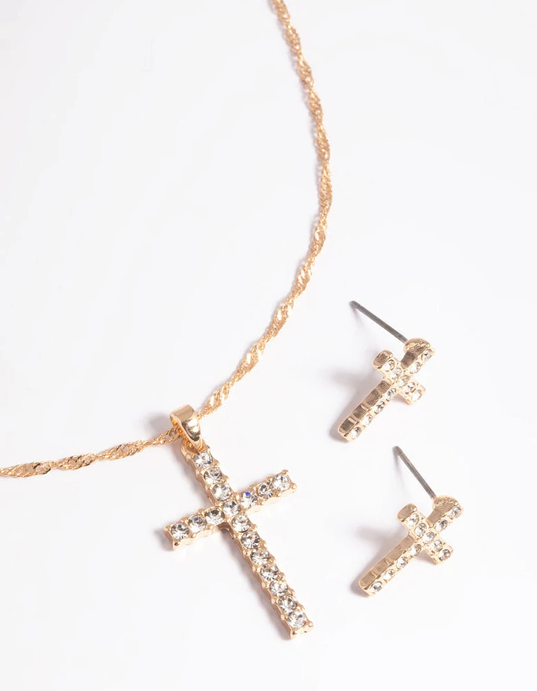 Gold Diamante Cross Necklace & Earrings Set