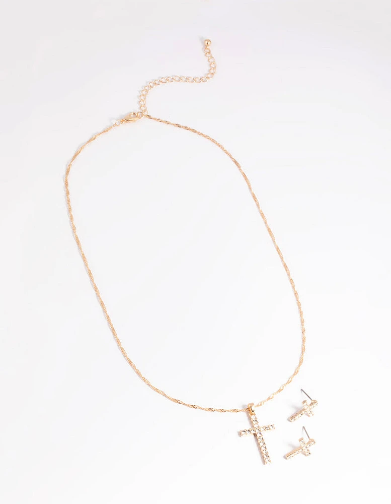 Gold Diamante Cross Necklace & Earrings Set