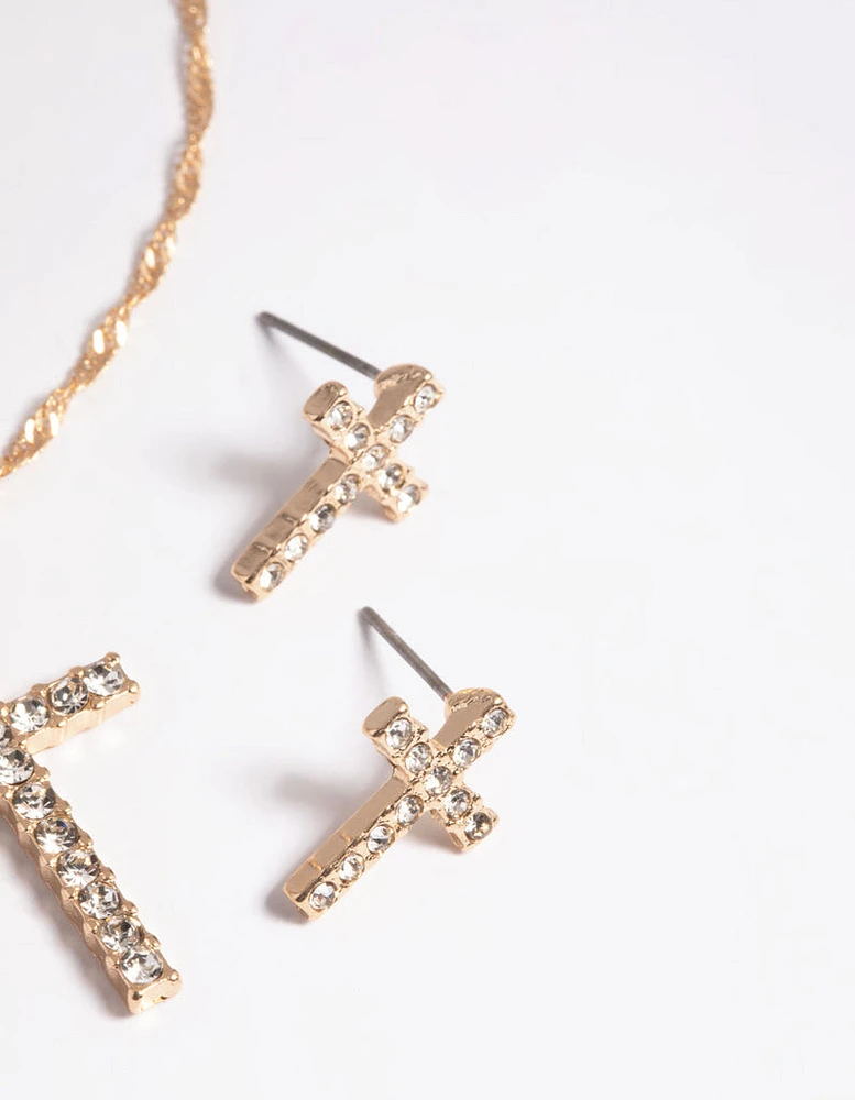 Gold Diamante Cross Necklace & Earrings Set