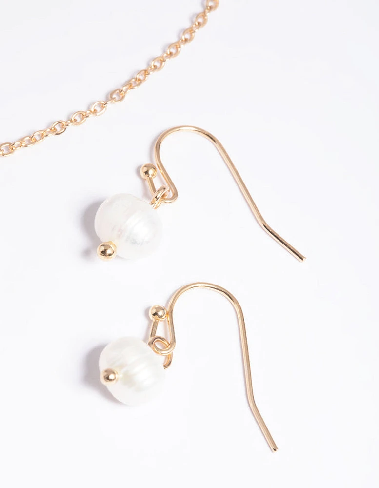 Gold Pearl Necklace & Earrings Set