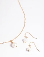 Gold Pearl Necklace & Earrings Set