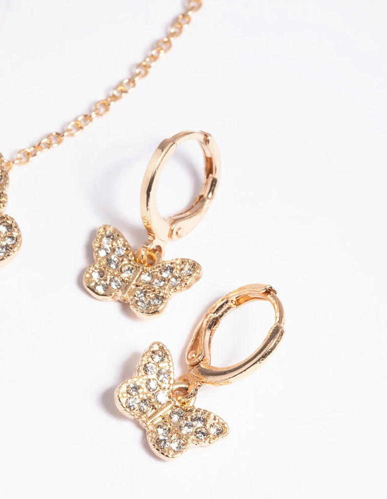 Gold Diamante Butterfly Necklace & Huggie Earrings Set