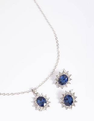 Navy Princess Stone Necklace & Earrings Set