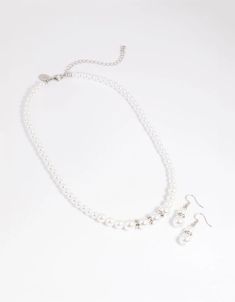 Rhodium Pearl Diamante Necklace & Earrings Set