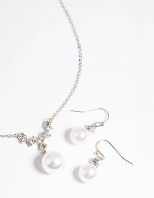 Rhodium Pearl Diamante Statement Necklace & Earrings Set