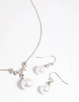 Rhodium Pearl Diamante Statement Necklace & Earrings Set