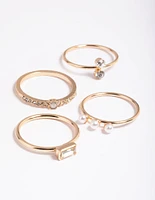 Gold Pearl & Diamante 4-Pack Rings