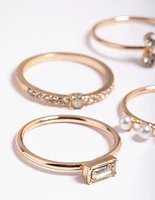 Gold Pearl & Diamante 4-Pack Rings