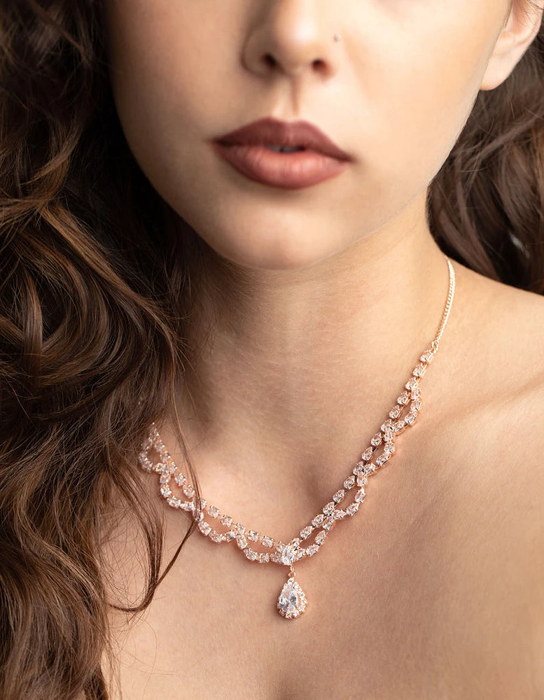 Rose Gold Cubic Zirconia Lace Teardrop Necklace