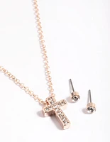 Rose Gold Cross Necklace & Stud Earrings