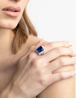 Rhodium Cubic Zirconia Blue Asscher Ring