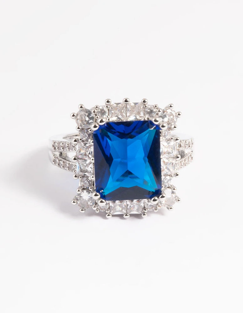 Rhodium Cubic Zirconia Blue Asscher Ring