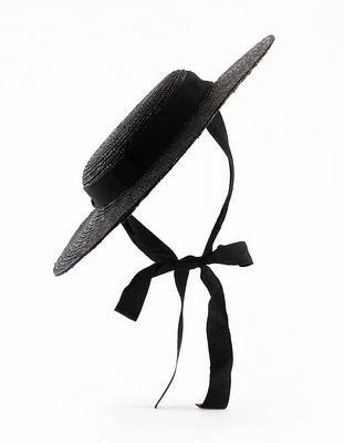 Black Ribbon Tie Braided Boater Hat