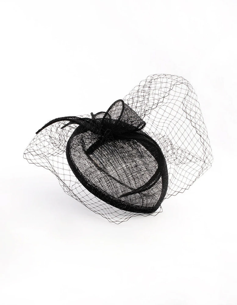 Black Sinamay Pillbox Comb with Netting Detail