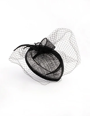 Black Sinamay Pillbox Comb with Netting Detail