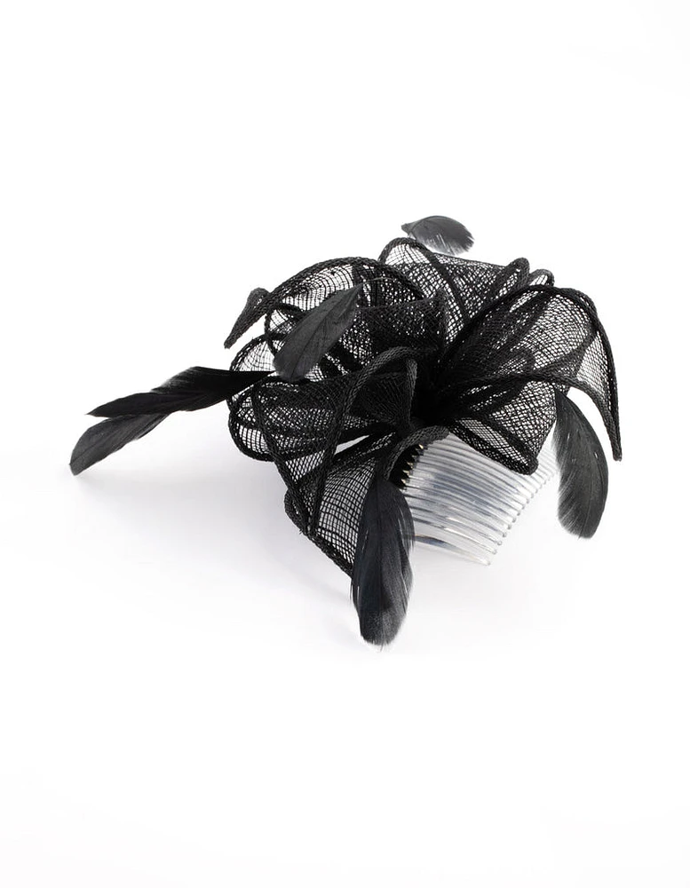 Black Looped Sinamay Fascinator Comb with Feathers