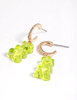 Gold Diamante Green Cute Bear Earrings