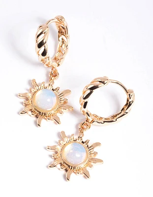 Gold Moonstone Celestial Huggie Hoop Earrings