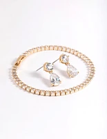 Gold Diamond Simulant Drop Earrings & Marquise Bracelet