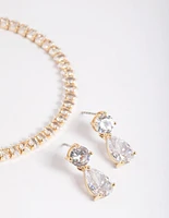 Gold Diamond Simulant Drop Earrings & Marquise Bracelet