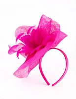 Hot Pink Satin Headband with Feathered Flowers