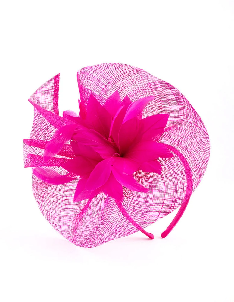 Hot Pink Satin Headband with Feathered Flowers