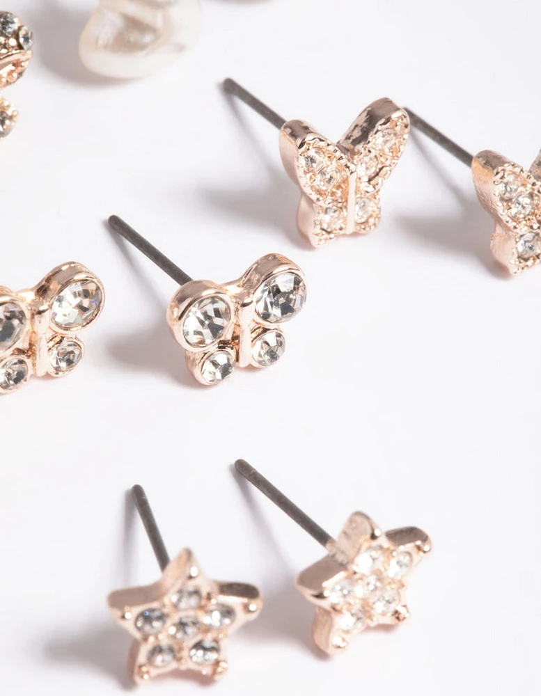 Kids Rose Gold Diamante Butterfly Stud 6-Pack