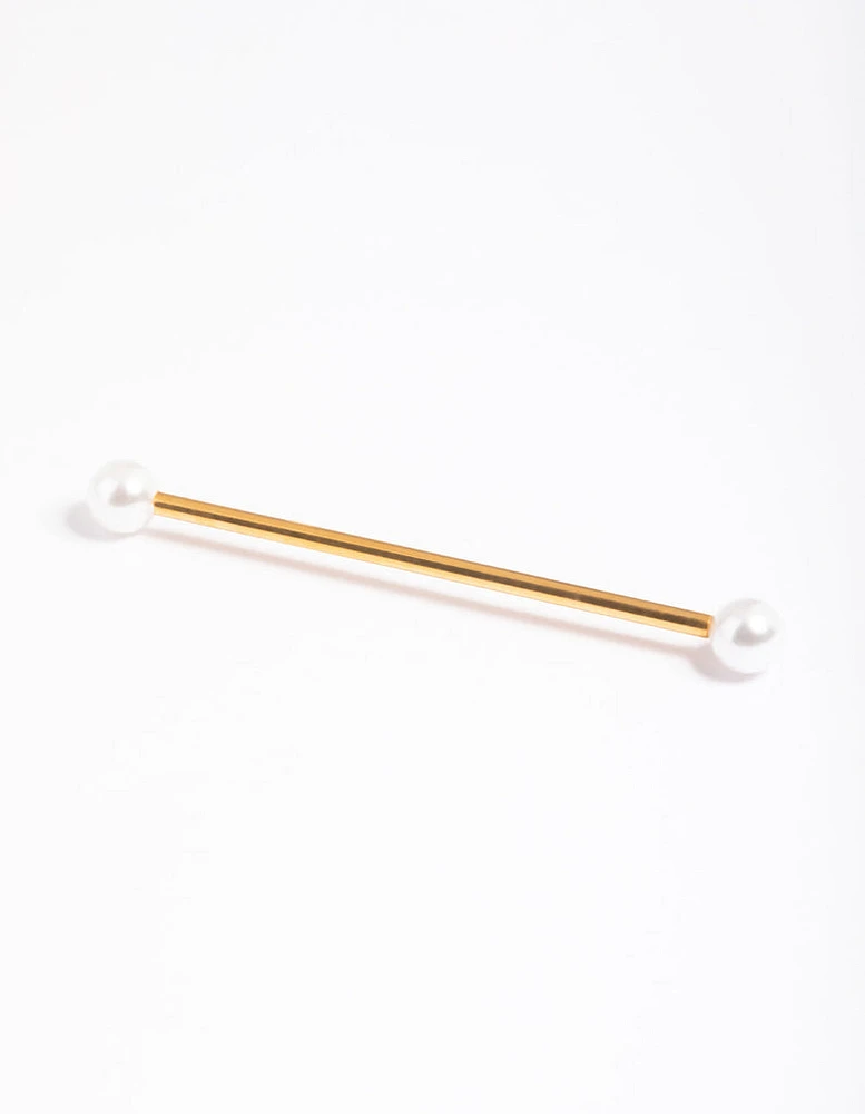 Gold Plated Titanium Faux Pearl Industrial Bar