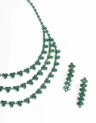 Green Trio Diamante Earrings & Necklace