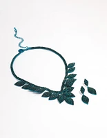 Teal Single Leaf Diamante Earring & Necklace