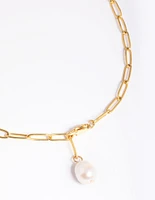 Gold Plated Stainless Steel Freshwater Pearl Chain Drop Necklace