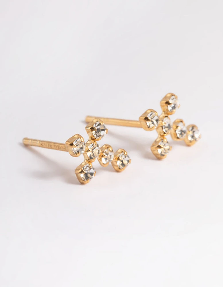 Gold Plated Sterling Silver Cubic Zirconia Cross Stud Earrings