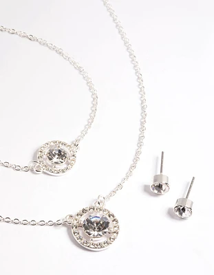 Silver Stone & Surrounded Necklace, Bracelet & Earrings Set