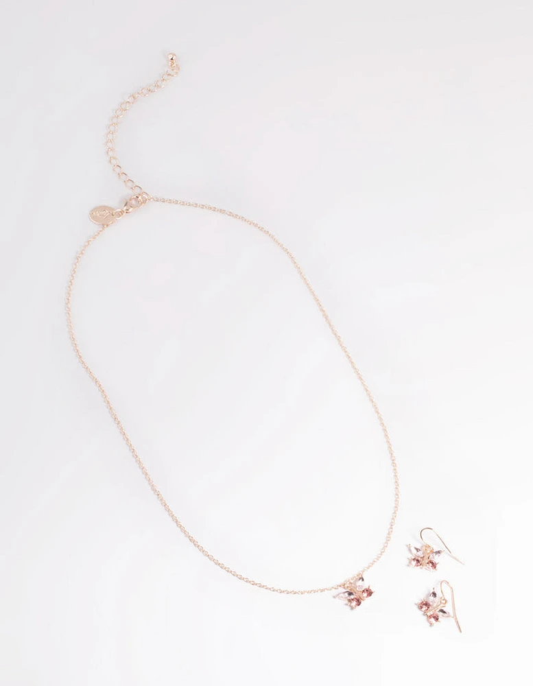 Rose Gold Diamante Butterfly Necklace & Earrings Set