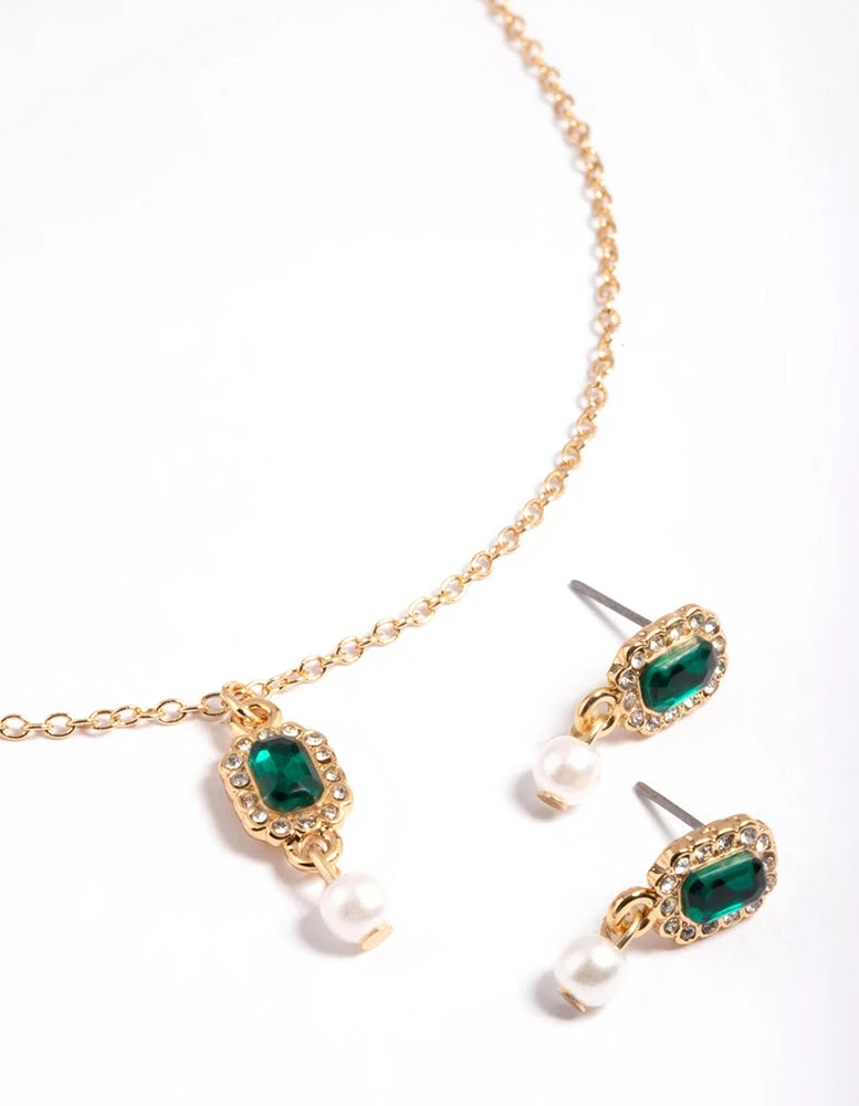 Gold Stone & Set Pearl Necklace & Earring Set