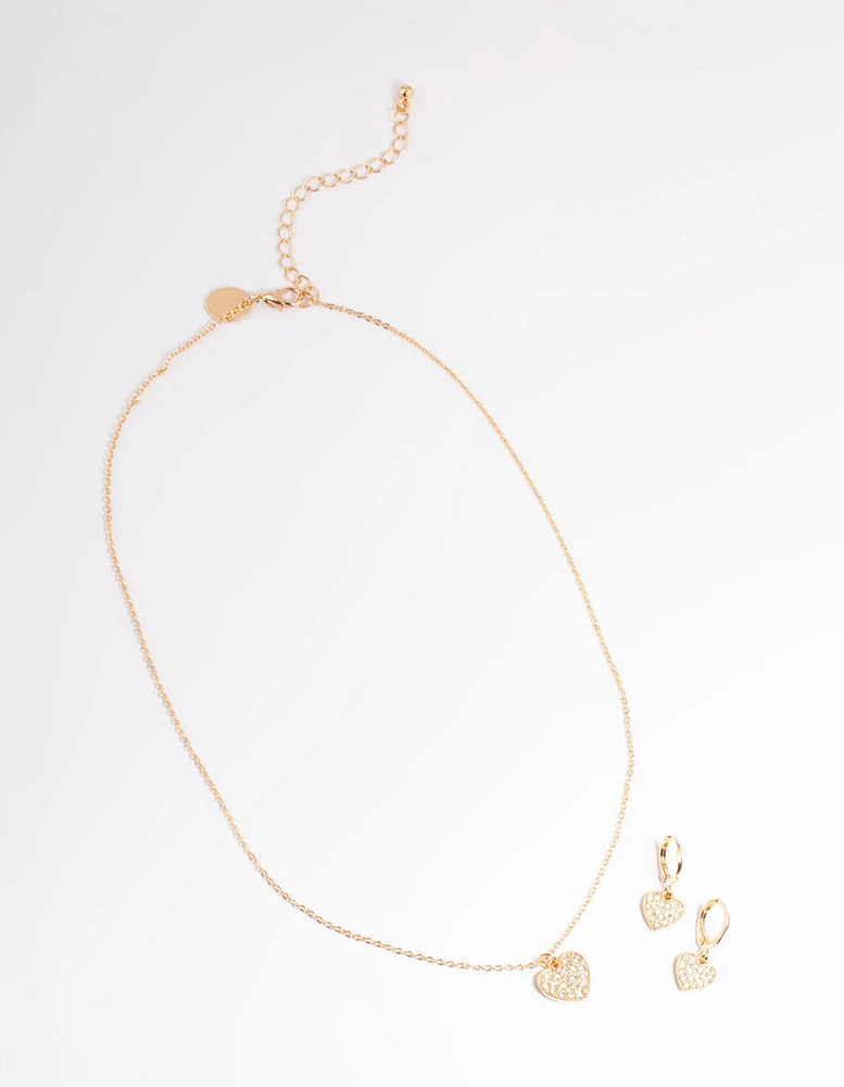 Gold Pave Heart Necklace & Huggie Set